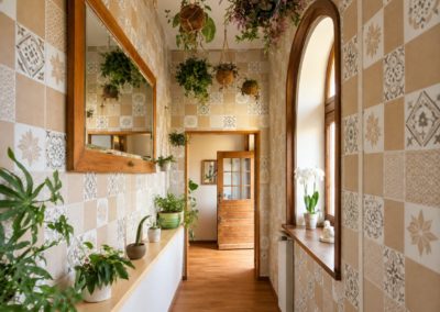 Un couloir de la maison, ses carreaux de ciment, son miroir et ses plantes suspendues