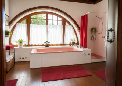 Chambre Oliviers : la salle de bain privée sous la fenêtre cintrée